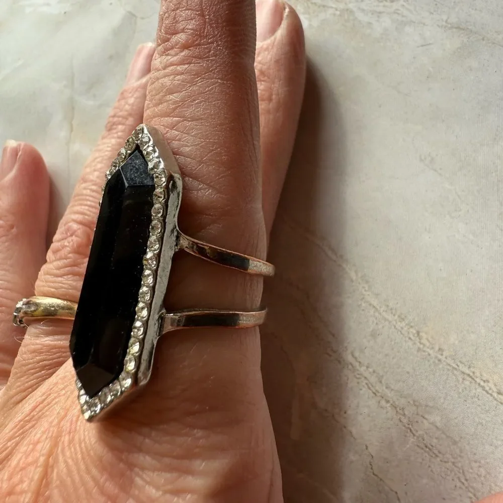 Vintage Style Black Hexagon Cocktail Ring w/ Rhinestones Silver Tone